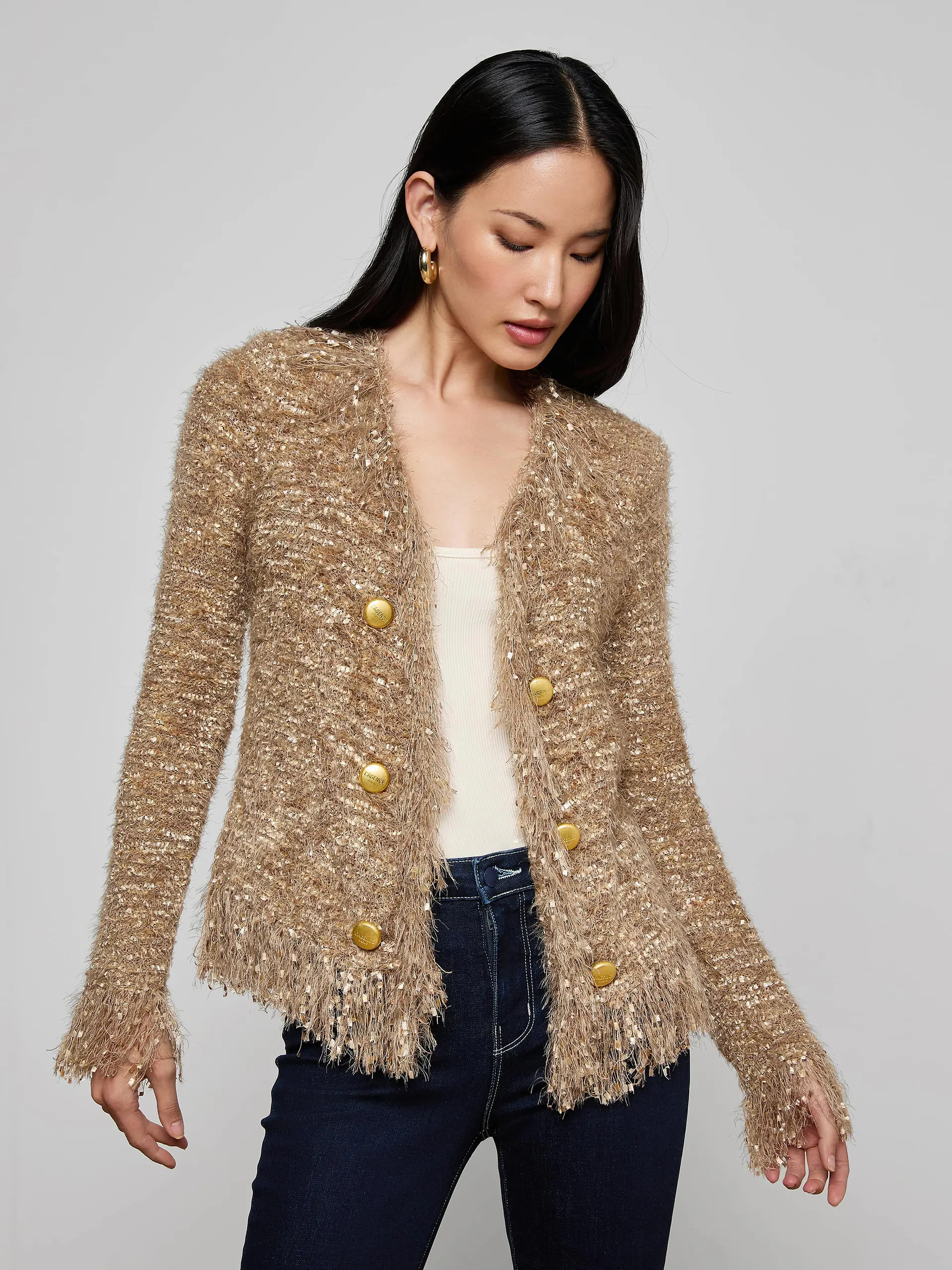 Azure Cardigan Blazer in Tan Multi/Gold | L'AGENCE | L'Agence