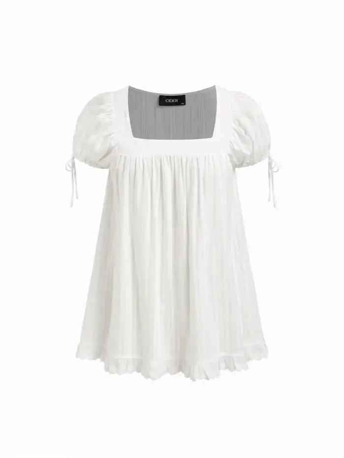 Cotton Lace Trim Knotted Short Puff Sleeve Blouse $29.90Flash Shipping | Cider