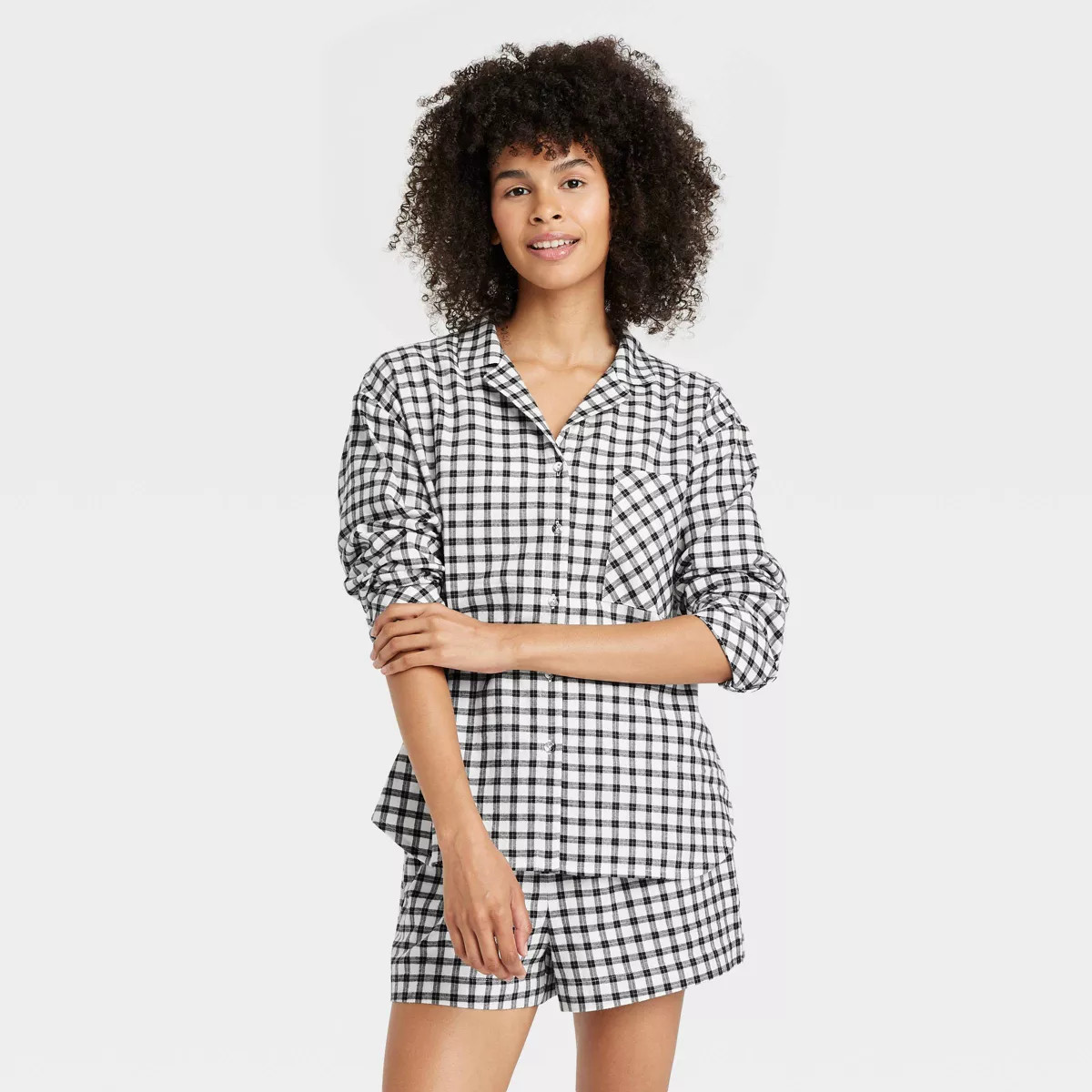 Women's Check Flannel Long Sleeve Top and Shorts Pajama Set - Auden™ Black/White XS | Target