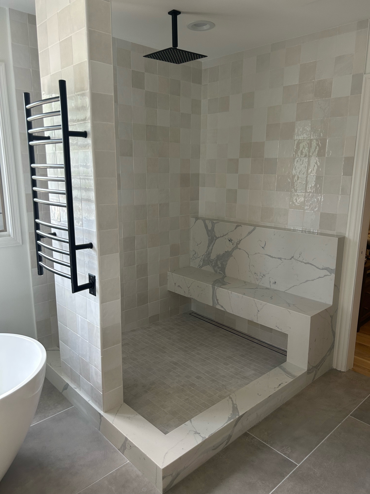 Bedrosians cloe tile Thaddeus tile towel warmer heated quartz bench shower 

#LTKhome