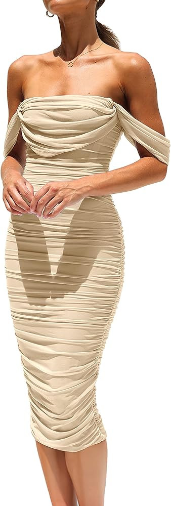 PRETTYGARDEN Women's Summer Off The Shoulder Ruched Bodycon Dresses Sleeveless Sexy Party Club Mi... | Amazon (US)