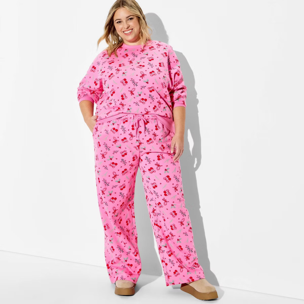 Women's Holiday Print Fleece Graphic Pants - Pink 3X | Target