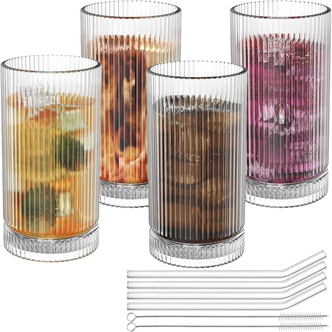 15 Oz Glass Cups with Straws, Vintage Ribbed Glassware for Whiskey Cocktail Beer, Iced Coffee Cup... | Amazon (US)