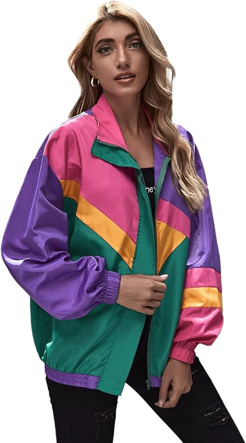 SweatyRocks Women's Lightweight Windbreaker Patchwork Zipper Sport Jacket Coat Outerwear | Amazon (US)