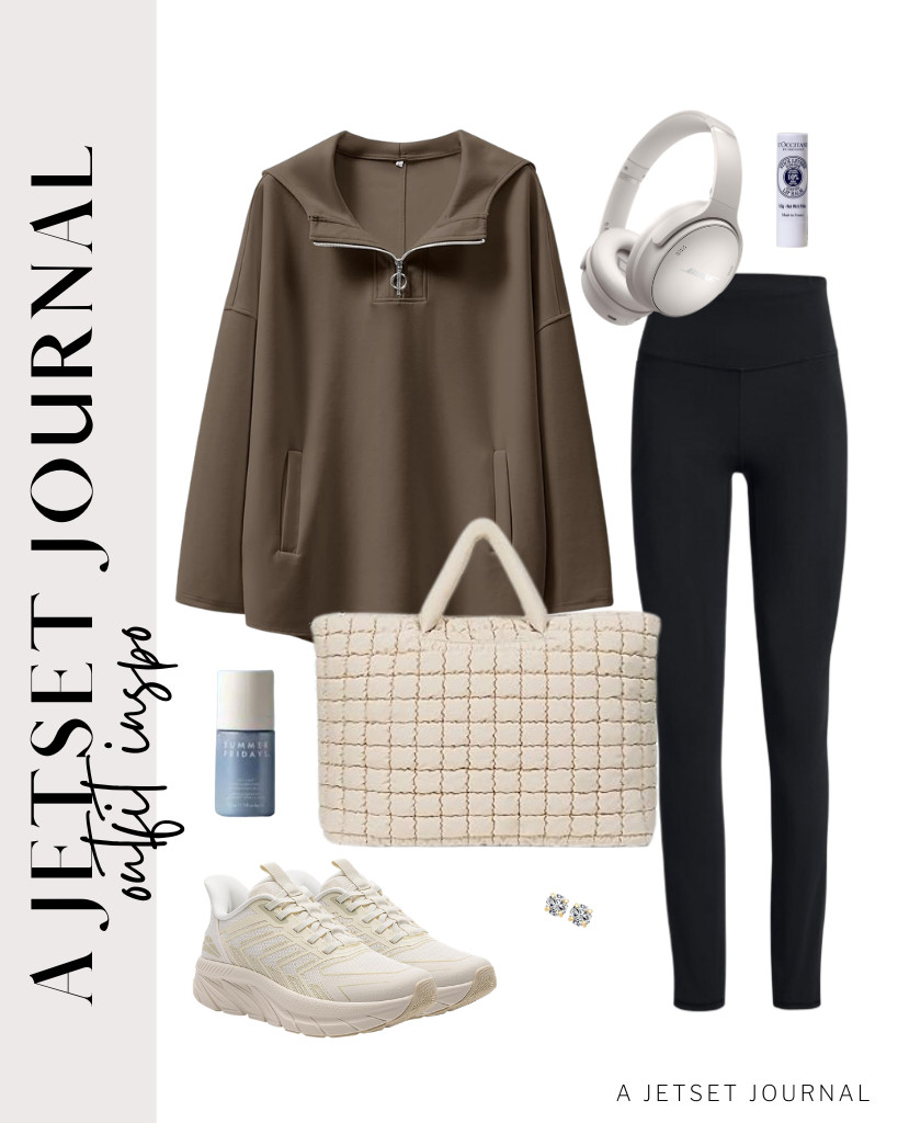 For a jetsetter look, pair this brown tunic pullover with leggings. Complete the outfit with slip-on walking shoes and a quilted duffle bag. You might also consider adding headphones to finish the look. 

 #LTKSeasonal #LTKSaleAlert #LTKTravel