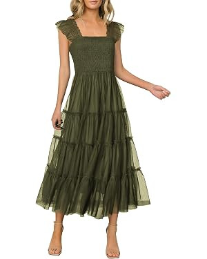 PRETTYGARDEN Women's 2024 Summer Midi Dress Casual Sleeveless Smocked Ruffle Tulle Flowy Beach Su... | Amazon (US)