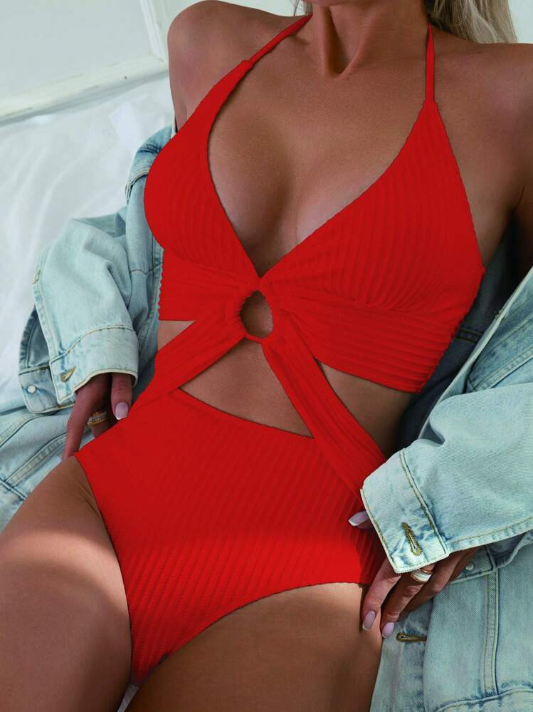 SHEIN Swim 2025 Women's Solid Color Cutout Back Halter One-Piece Swimsuit Red Swimsuit Summer | SHEIN