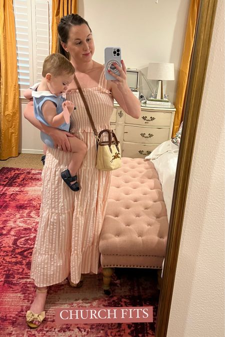 Ashley Butterfield of SideSmile Style wears a pink and white striped sundress with a raffia crossbody longchamp bag to church.

#LTKunder100 #LTKkids #LTKitbag