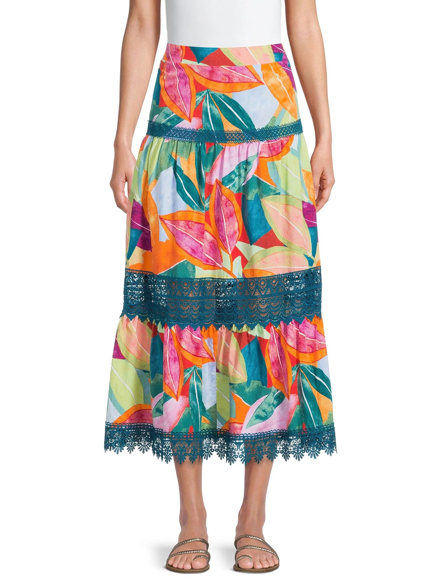 Time and Tru Women’s Tiered Maxi Skirt with Lace Trim - Walmart.com | Walmart (US)