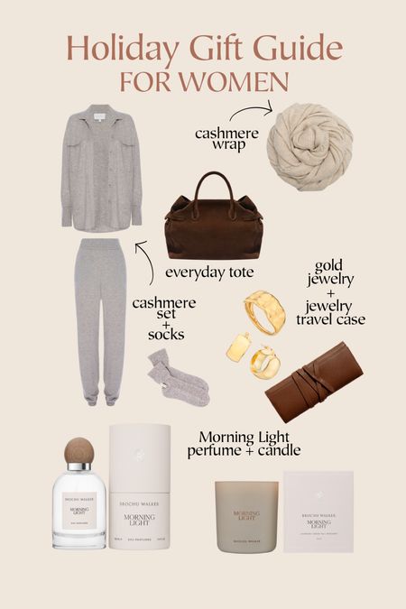 Holiday Gift Guide For Women - effortlessly chic elevated essentials, great for gifting 
@brochuwalker #brochuwalker #ad

Gift guide 
Gift guide for her
Holiday 
Cozy cashmere loungewear set and socks 
Everyday tote
Cashmere wrap scarf
Gold jewelry and travel case 
Morning light perfume 
Morning light candle 

#LTKHoliday #LTKGiftGuide #LTKbeauty