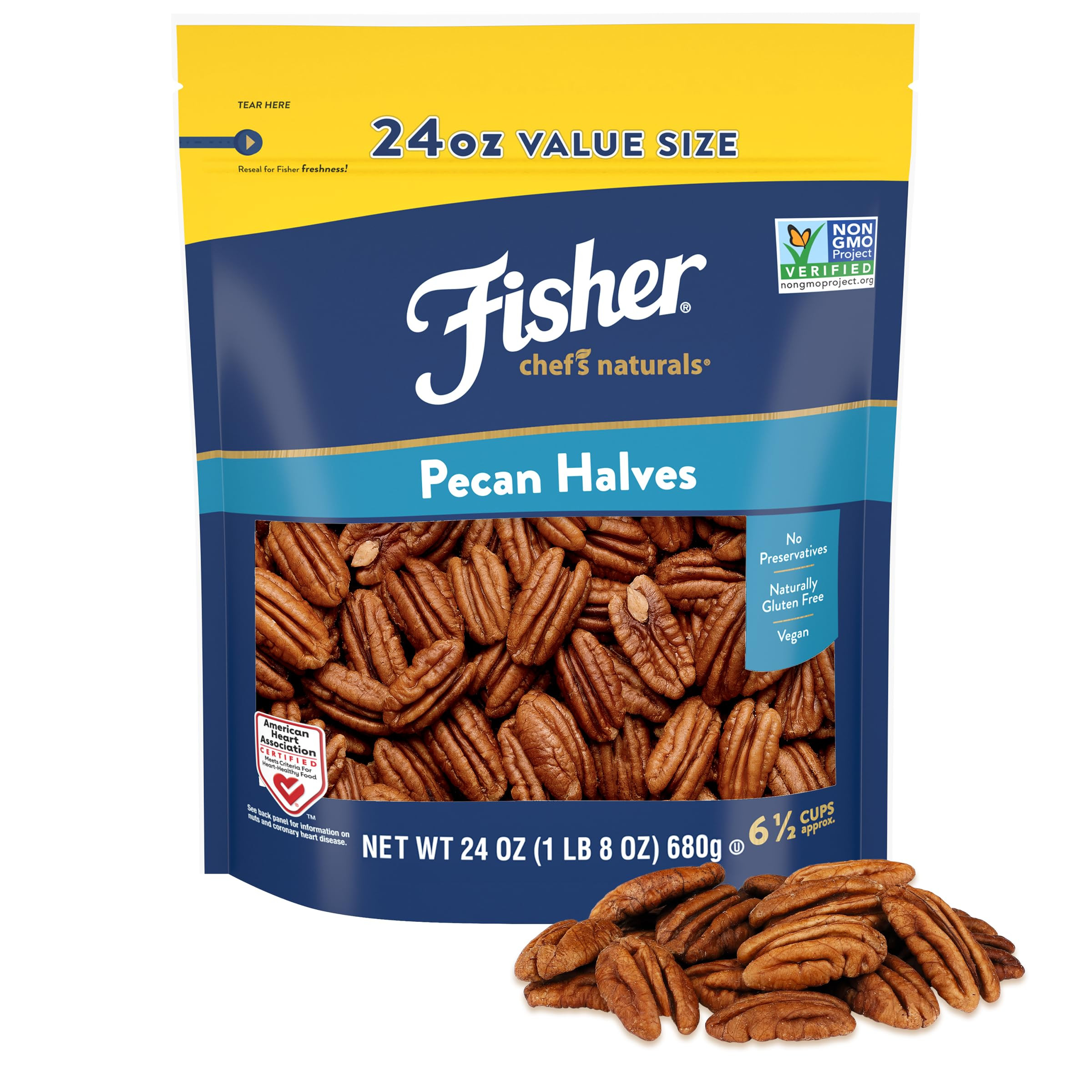 Fisher Chef's Naturals Pecan Halves 24 oz Resealable Bag, Unsalted Raw Nuts for Cooking, Baking &... | Amazon (US)