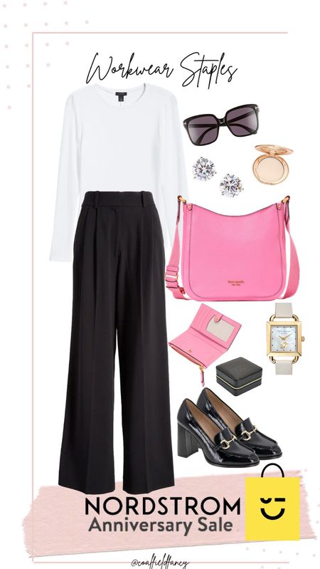 White long sleeve top
Black pants 
Pink bag
Loafers 

#LTKxNSale #LTKworkwear