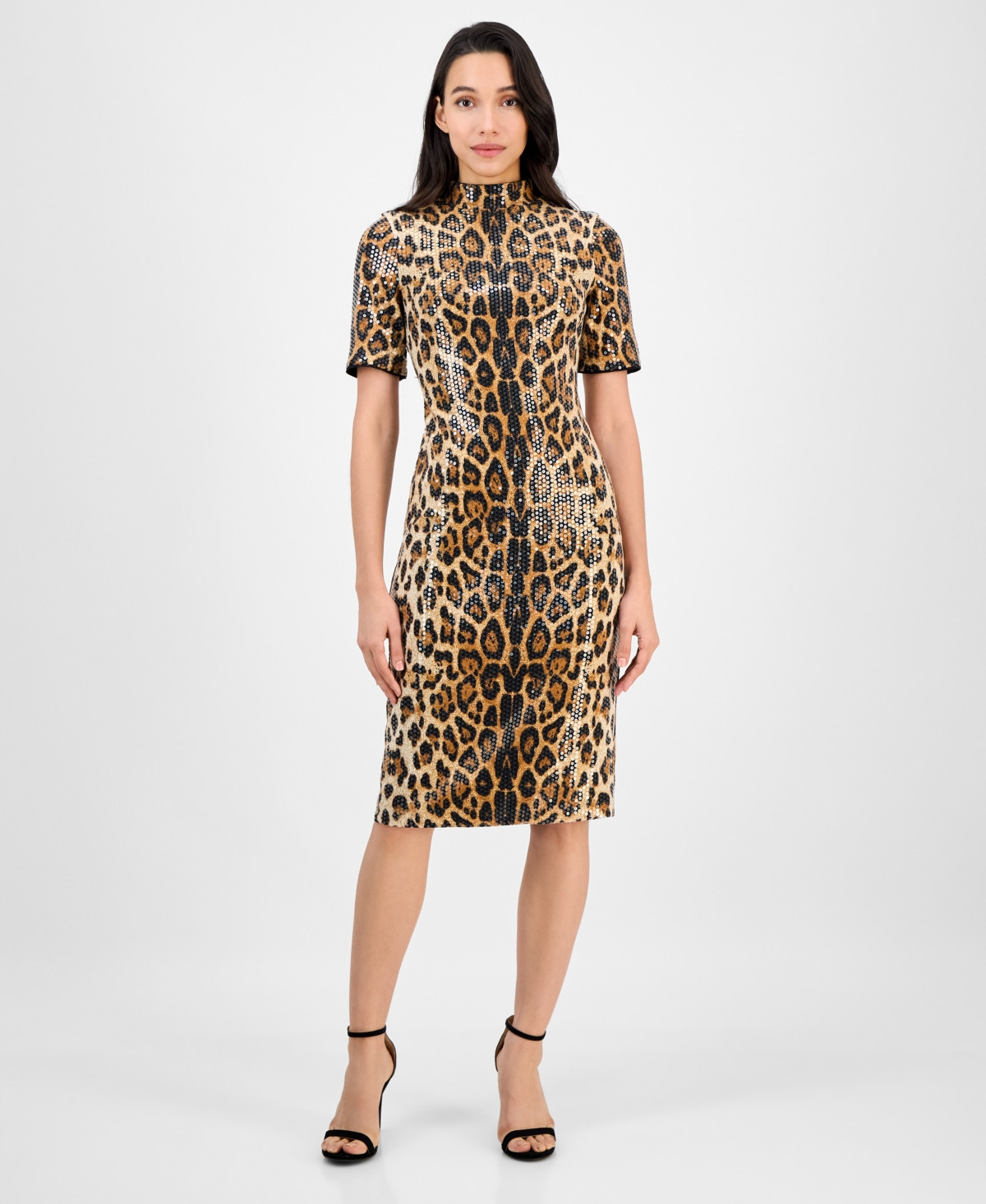 Anne Klein Petite Short Sleeve Sequin Cheetah Print Midi Dress - Cheetah | Macy's