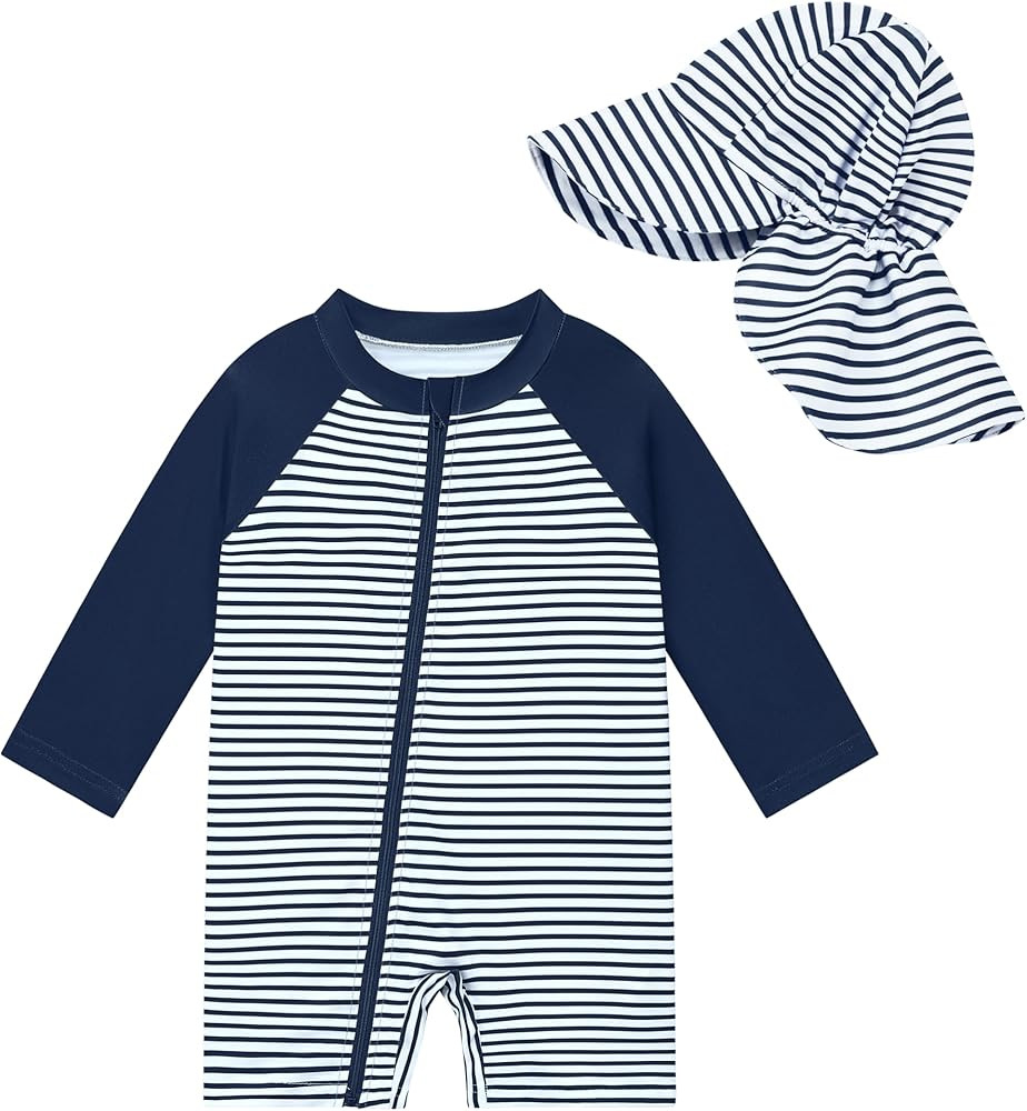 UPF 50+ Baby Toddler Boy One Piece Swimsuit with Sun Hat Long Sleeve Zipper Rashguard Bathing Sui... | Amazon (US)