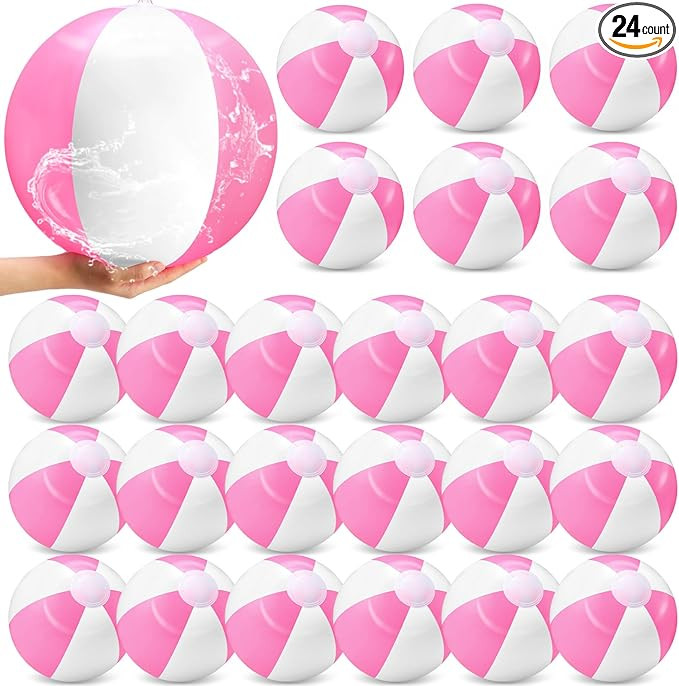 24 Pieces Pink and White Inflatable Beach Ball Round Pool PVC Balls Bulk Pool Party Favors Blow u... | Amazon (US)