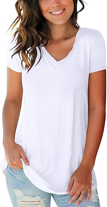 Women's T Shirts Short Sleeve V Neck Loose Casual Basic Tee Tops Summer T-Shirt | Amazon (US)