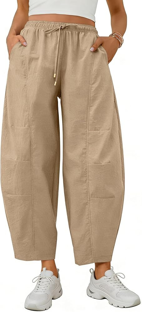 Lviefent Womens Barrel Pants Casual Drawstring Elastic Waist Crop Wide Leg Parachute Pants with P... | Amazon (US)