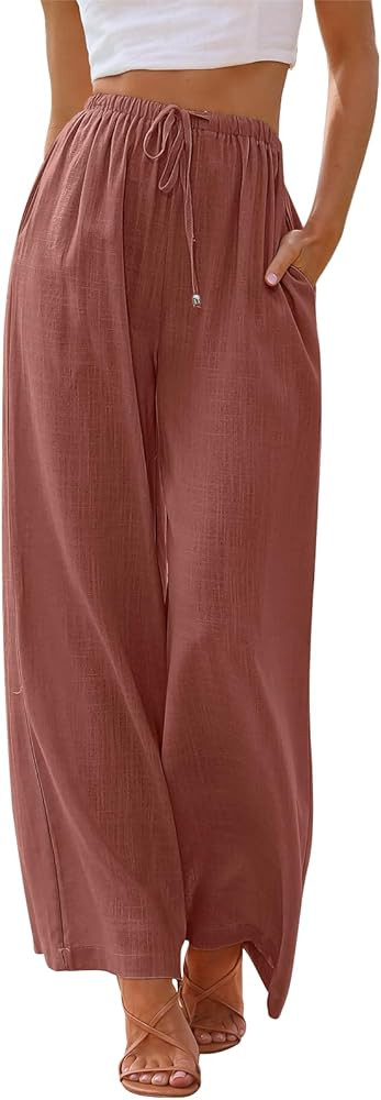 LILLUSORY Women's Linen Summer Palazzo Pants Flowy Wide Leg Beach Pants with Pockets | Amazon (US)