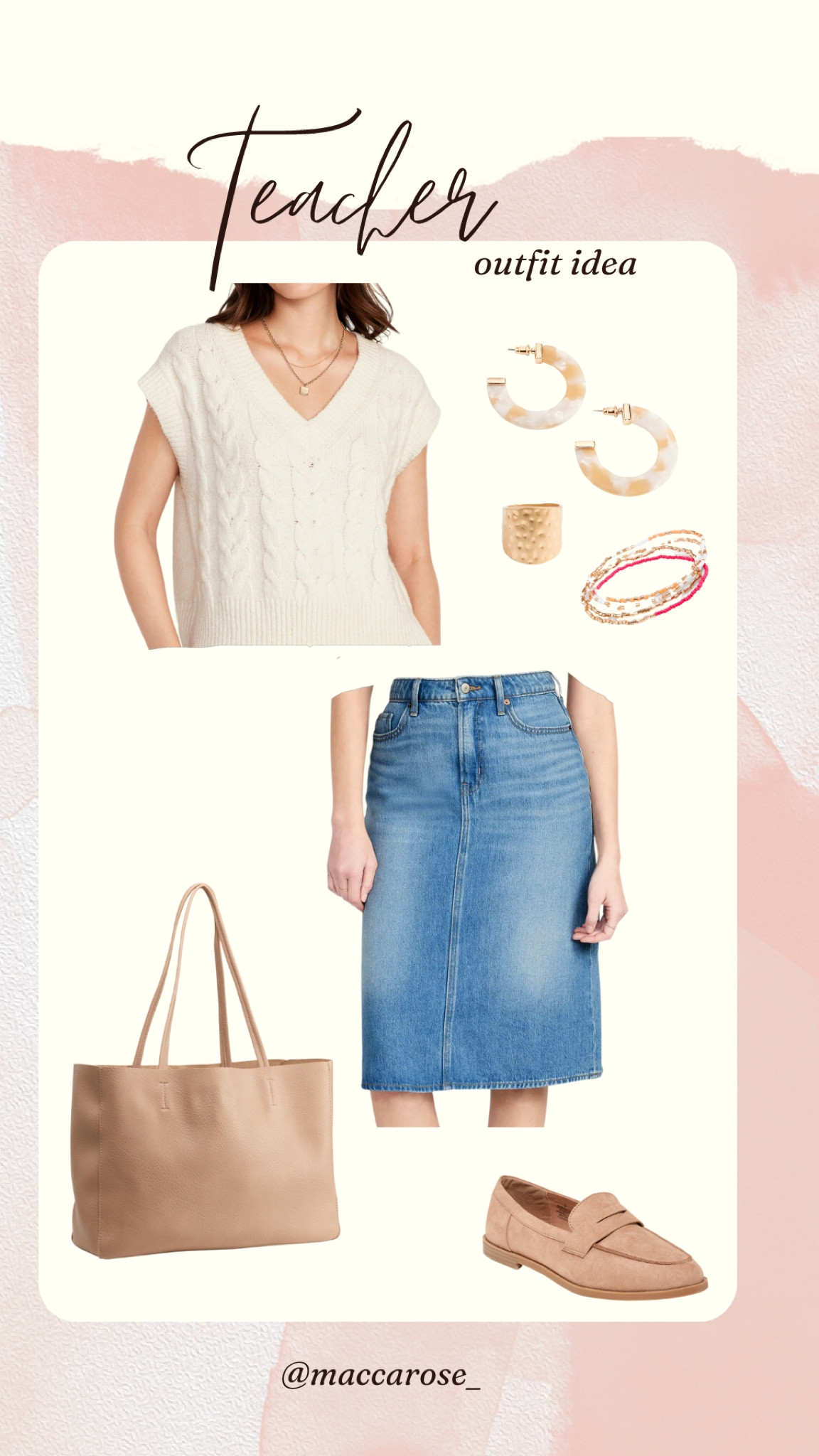 Teacher style | teacher outfit idea | affordable fashion | sweater vest | neutral style | denim skirt | loafers | what to wear to work | casual workwear | Friday work look | back to school 

#LTKunder50 #LTKworkwear #LTKBacktoSchool