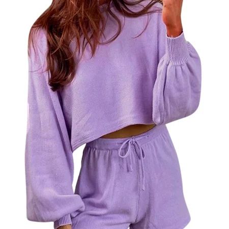 YFMHA Unisex Solid Women Puff Sleeve Sweater O-Neck Pullover Sweatshirt (Purple L) | Walmart (US)