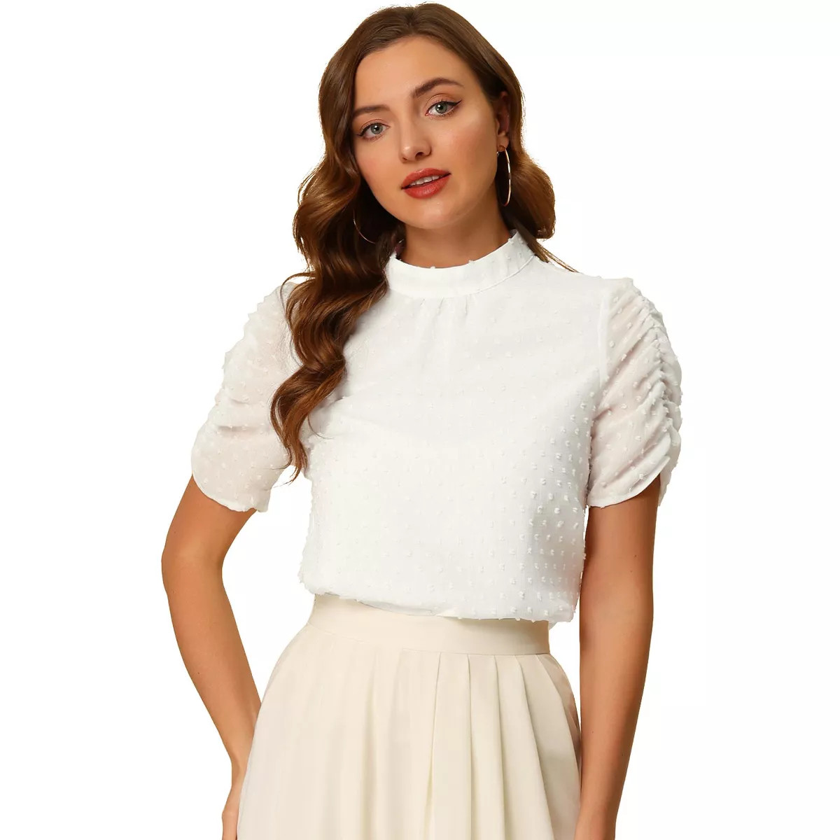 Allegra K Women's Elegant Swiss Dots Puff Short Sleeves Stand Collar Chiffon Blouse | Target