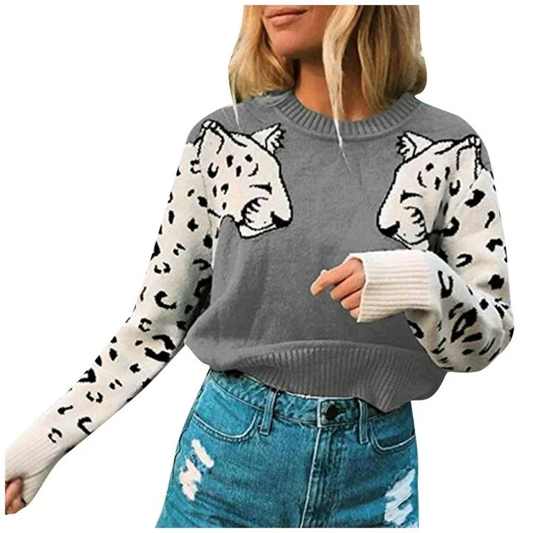 Babysbule Sweaters for Women Clearance Fashion Women Animal Print Patchwork O-Neck Long Sleeve Pu... | Walmart (US)