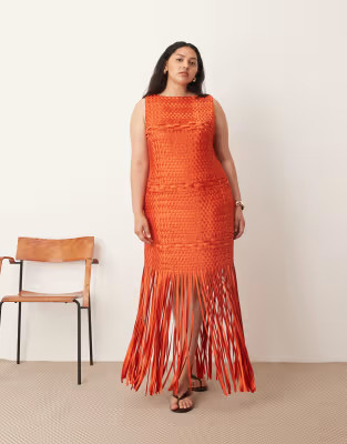 ARRANGE Curve lattice hand woven fringed hem midi dress in red | ASOS | ASOS (Global)