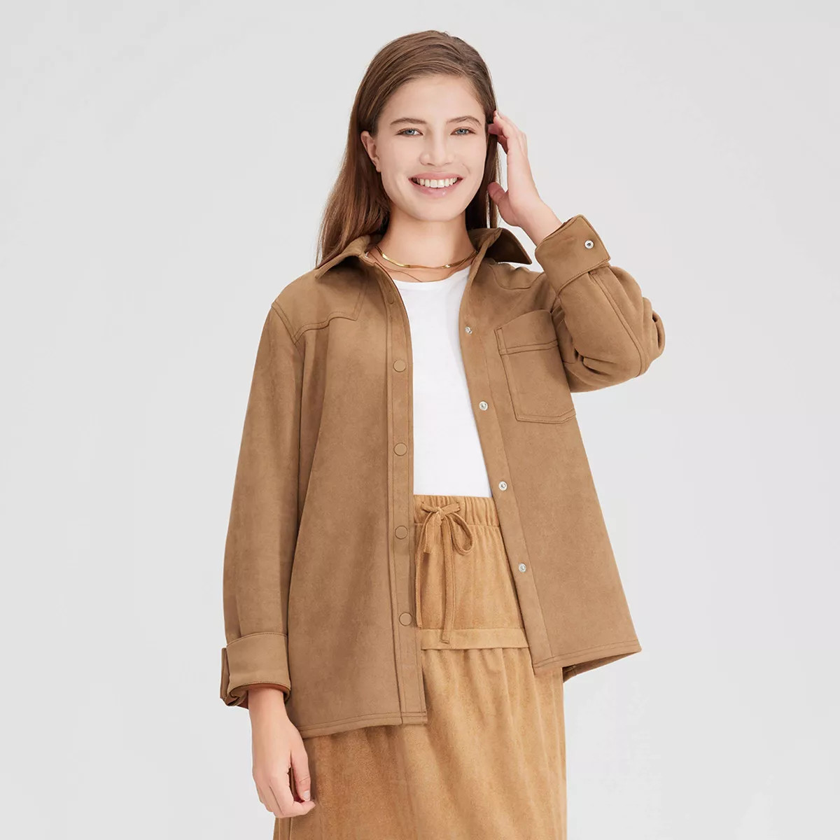 Women's Long Sleeve Faux Suede Western Button-Down Shirt - Universal Thread™ Camel XS | Target