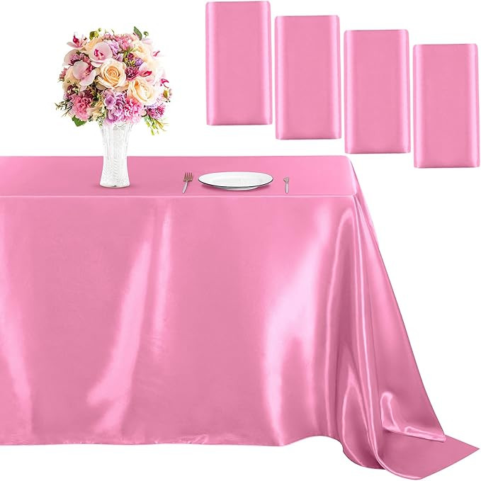 MCEAST 4 Pieces Pink Satin Tablecloth 102 x 58 Inch Pink Satin Table Overlay Cover Rectangular Br... | Amazon (US)