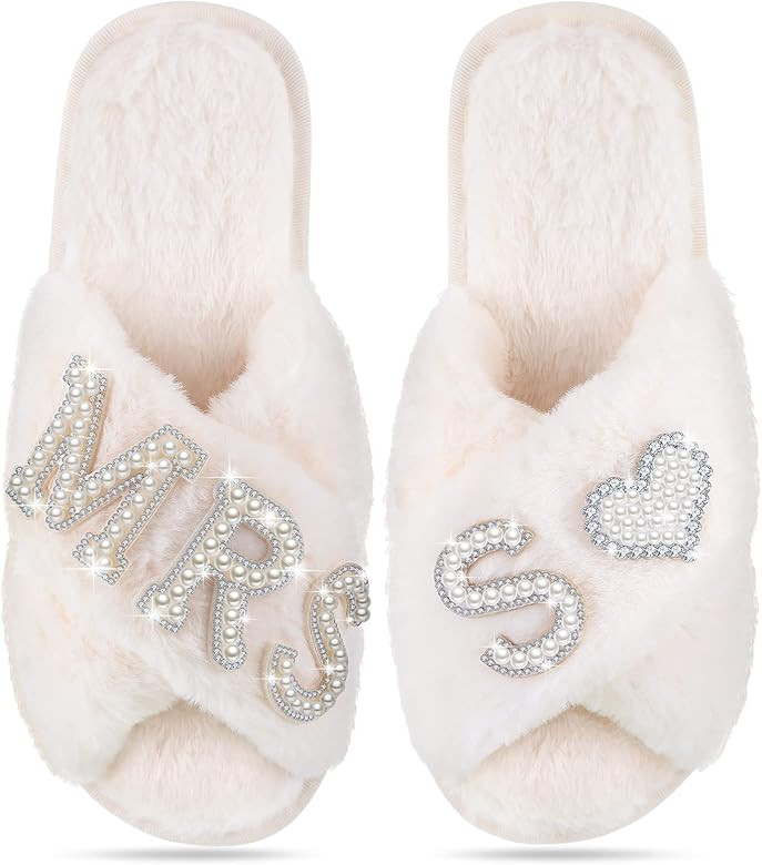 Tarpop Women's Fuzzy Cross Slippers Bride Wedding Slippers Gift Open Toe House Slipper Bedroom Sh... | Amazon (US)