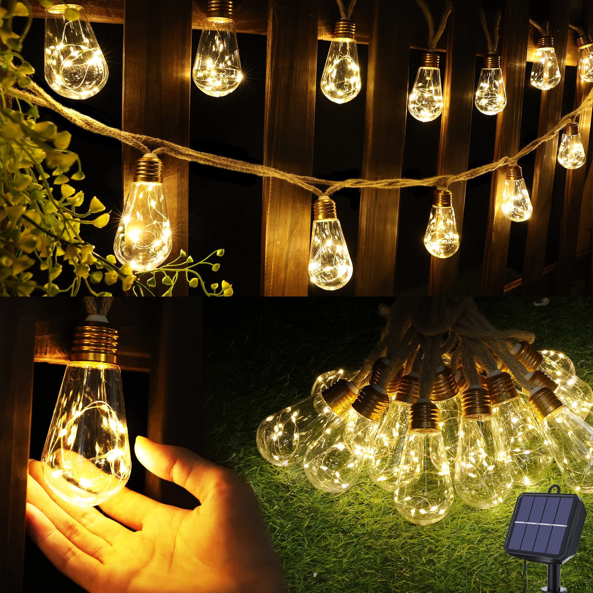 Solar Outdoor String Lights, 20Ft Vintage Rope Hemp Solar Patio Lights, Waterproof Warm White Sol... | Amazon (US)
