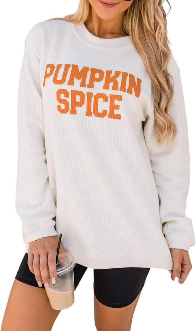 Women Halloween Pumpkin Spice Graphic Sweatshirt Letter Print Casual Long Sleeve Pullover Tops | Amazon (US)