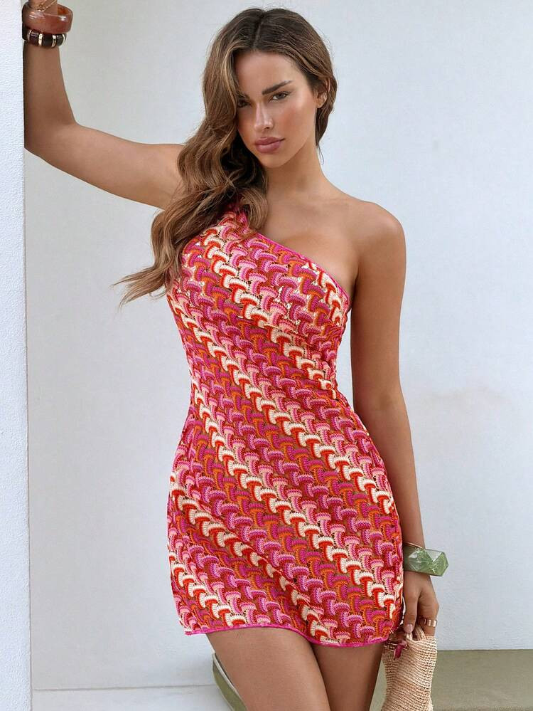 2026 Spring/Summer One Shoulder Pink Textured Knit Fabric Fitted Stylish Women's Cover Up | SHEIN