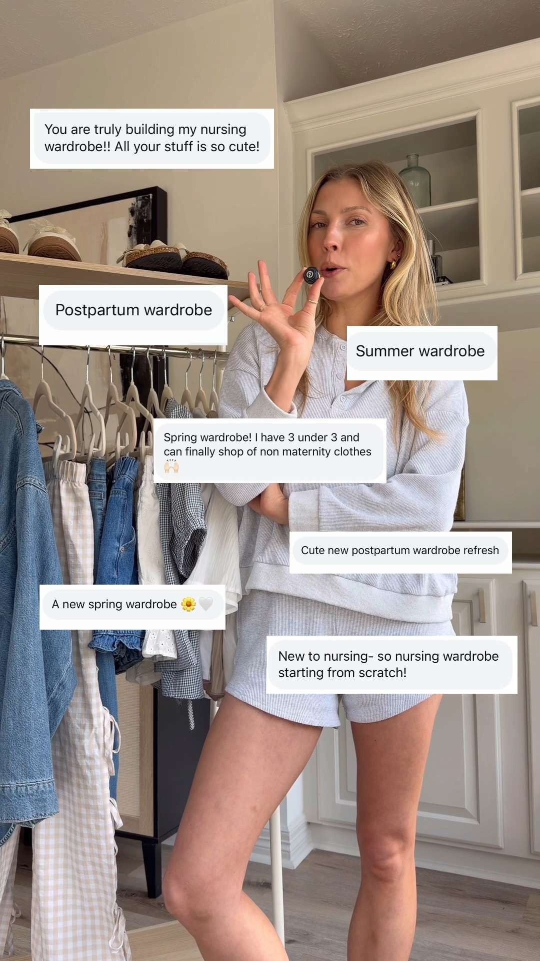 SPRING CAPSULE WARDROBE! All pieces nursing and postpartum friendly! M tee, M denim shirt, S both tops, M set, S white shorts, 2 denim, 26 denim + M gingham pants 

 #LTKootd #LTKSeasonal