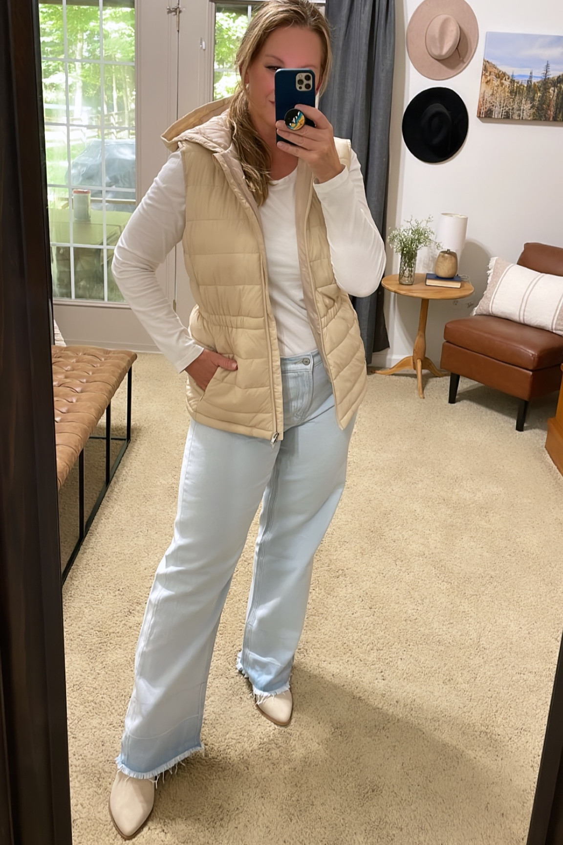 Walmart fashion. Walmart. Hooded cinch waist puffer vest. 
Water resistant. Recycled down-like poly fill for warmth. Swiss Tech performance gear. 
Wearing size medium. 
Covers the bum! 
Released hem denim jeans. White bodysuit  

#LTKmidsize #LTKSeasonal #LTKunder50