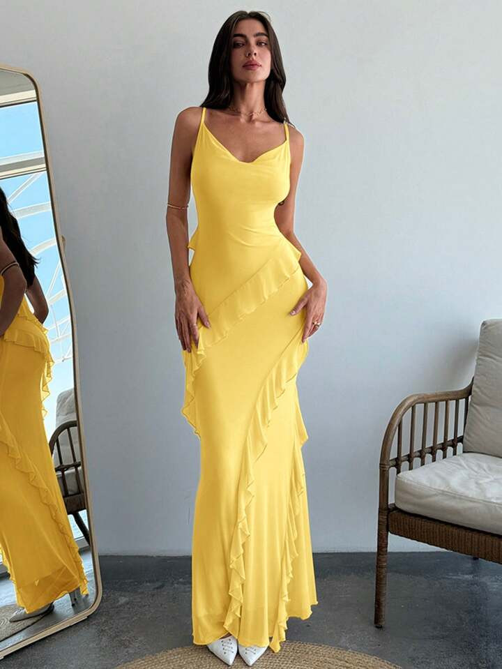 Aloruh Spring & Summer Romantic Tight Ruffle Trim Spaghetti Strap Long Dress For Women | SHEIN