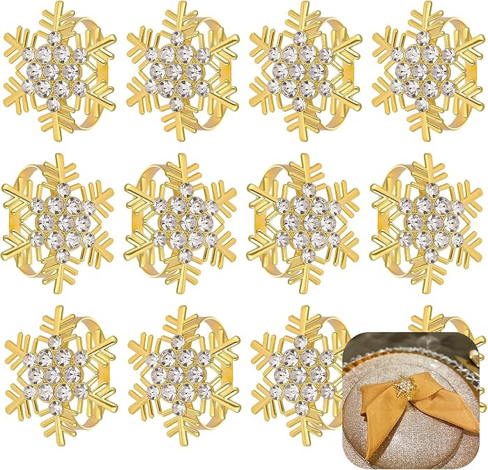 Set of 12 Christmas Napkin Rings Gold Snowflake for Dining Table Setting Napkin Ring Bulk Banquet... | Amazon (US)