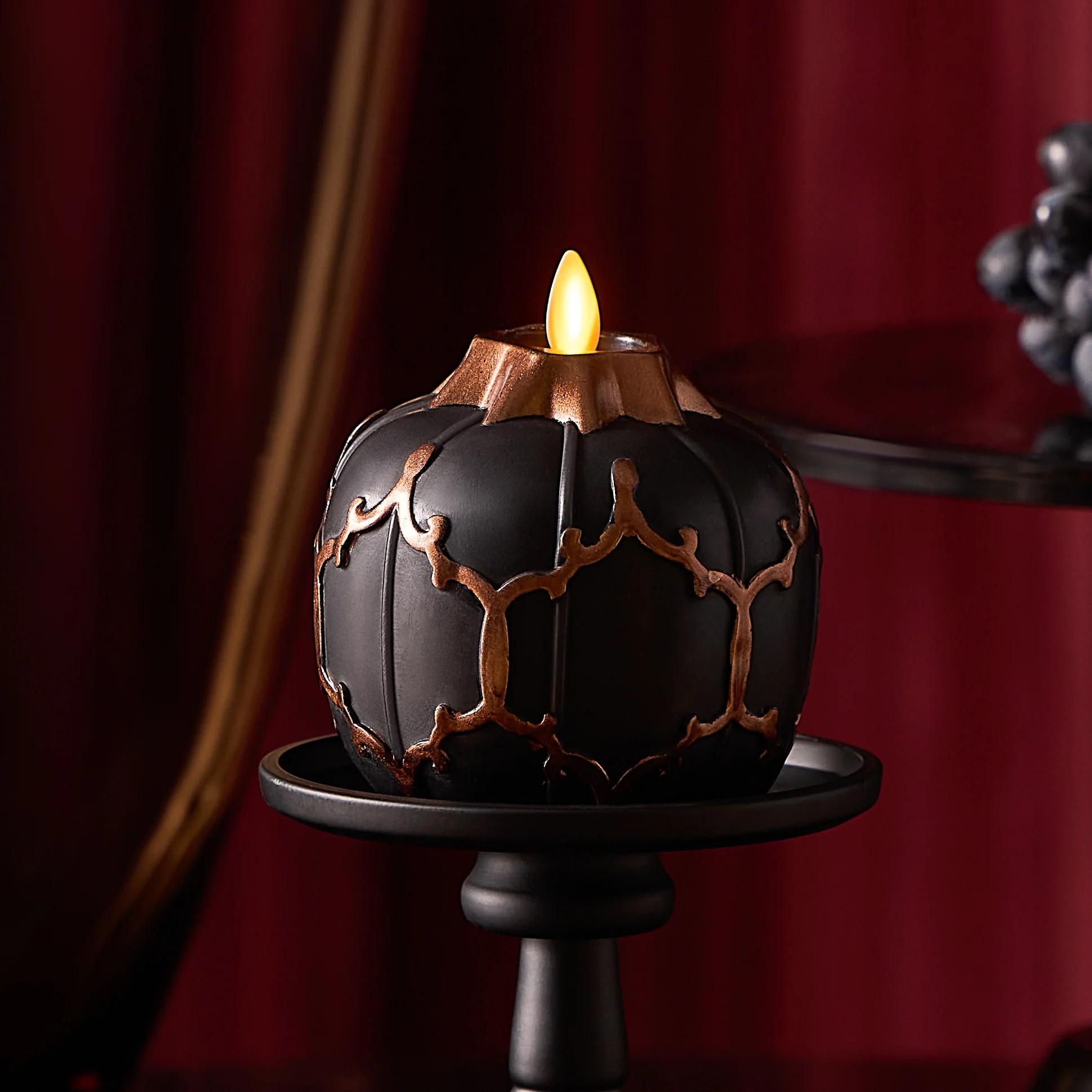 Black Embossed Fretwork Flameless Candle Pumpkin | Luminara