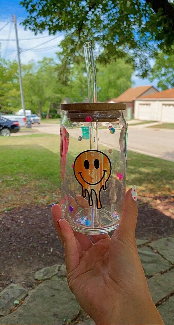 Smiley Face Beer Glass  Iced Coffee Cup  Drippy Smiley Face - Etsy | Etsy (US)