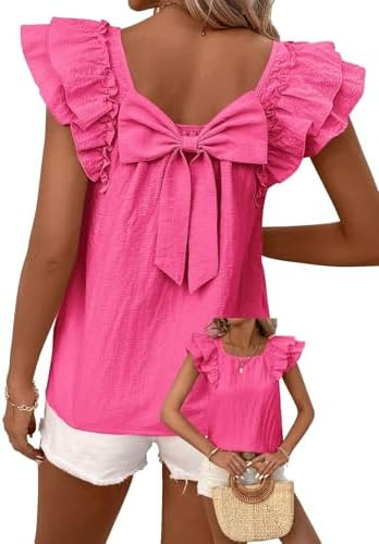 Womens Bow Tie Back Tops Round Neck Ruffle Short Sleeve Shirts Cute Babydoll Chiffon Tee Women Su... | Amazon (US)