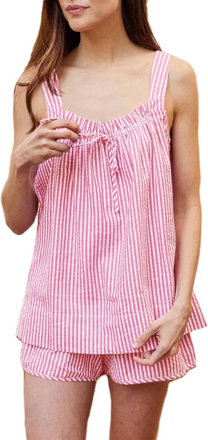 Y2K Striped Pajama Set Women 2 Piece Camisole Babydoll Tops and Striped Boxer Shorts Matching Pj ... | Amazon (US)