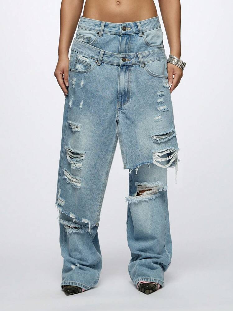 SUMWON Plus Size Baggy Wide Leg Jeans Distressed Layered Cut Overlay Fashion Streetwear Fall Winter Festival Casual Daily Wear Denim Pants | SHEIN