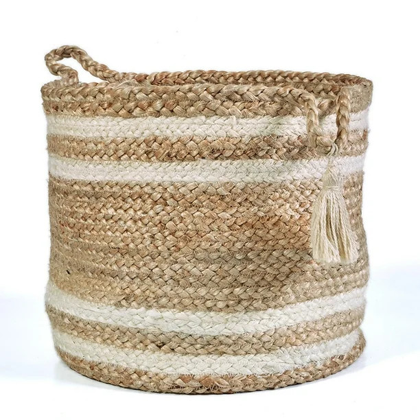 LR Home Natural Jute 17" x 17" Braided Striped Decorative Storage Basket | Walmart (US)