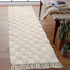 Lanffia Boho Runner Rug 2x6, Beige Hallway Rug Runner Washable Checkered Tufted Rug with Tassels ... | Amazon (US)