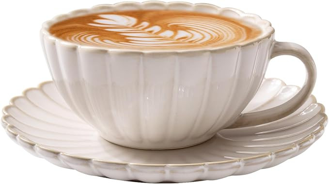 Vintage Porcelain Coffee Cup and Saucer Set, 12 OZ Ceramic Latte Mug - Farmhouse Cappuccino Cups ... | Amazon (US)
