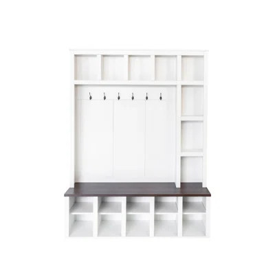 Farmhouse Wooden Style Hall Tree With 6 Hooks, Practical Walnut Storage Bench With Adjustable Shelves, 4-In-1 Entryway Shoe Cabinet With 13 Cubbies F | Wayfair North America