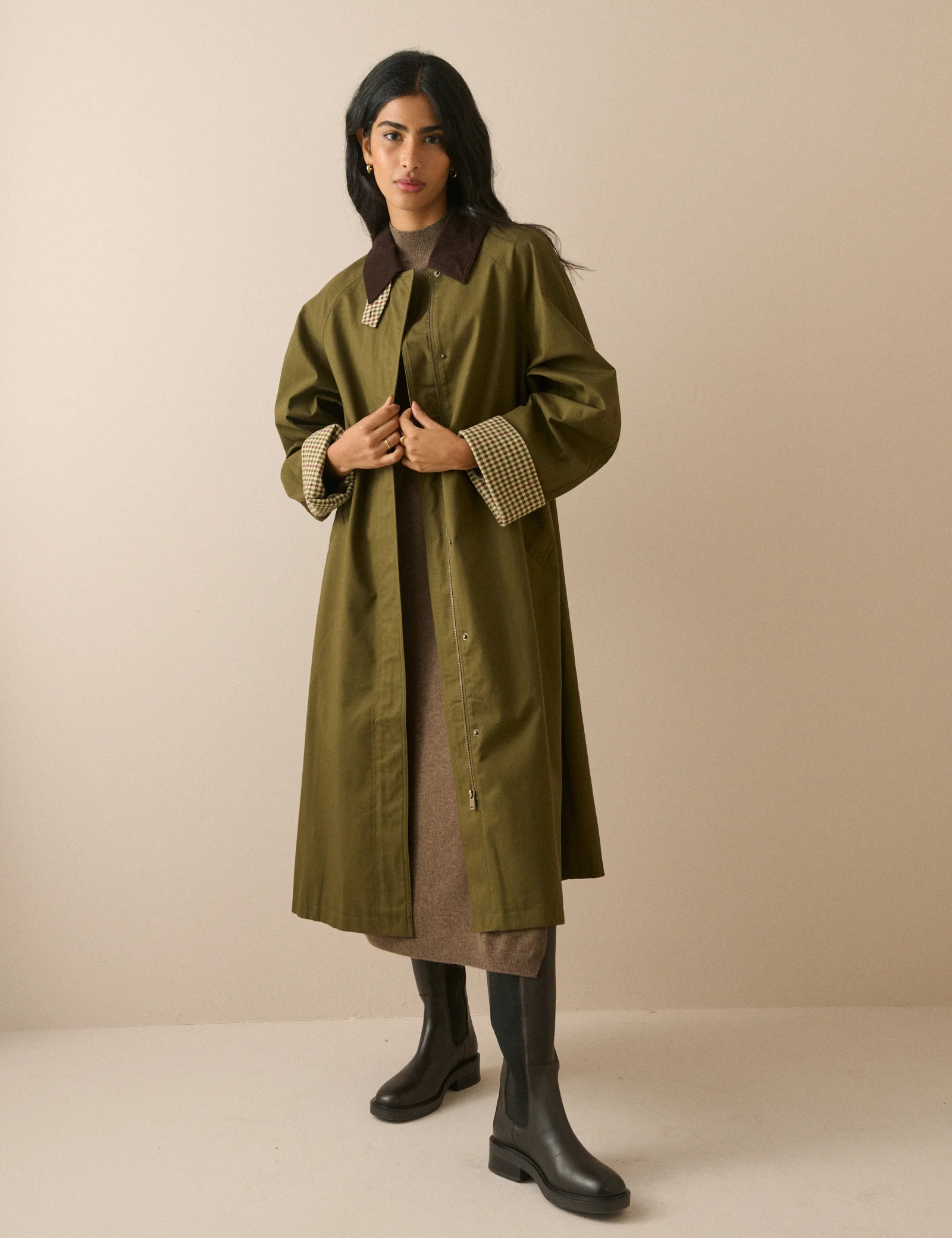 Khaki Cord Detail Long Barn Coat | Nobody's Child