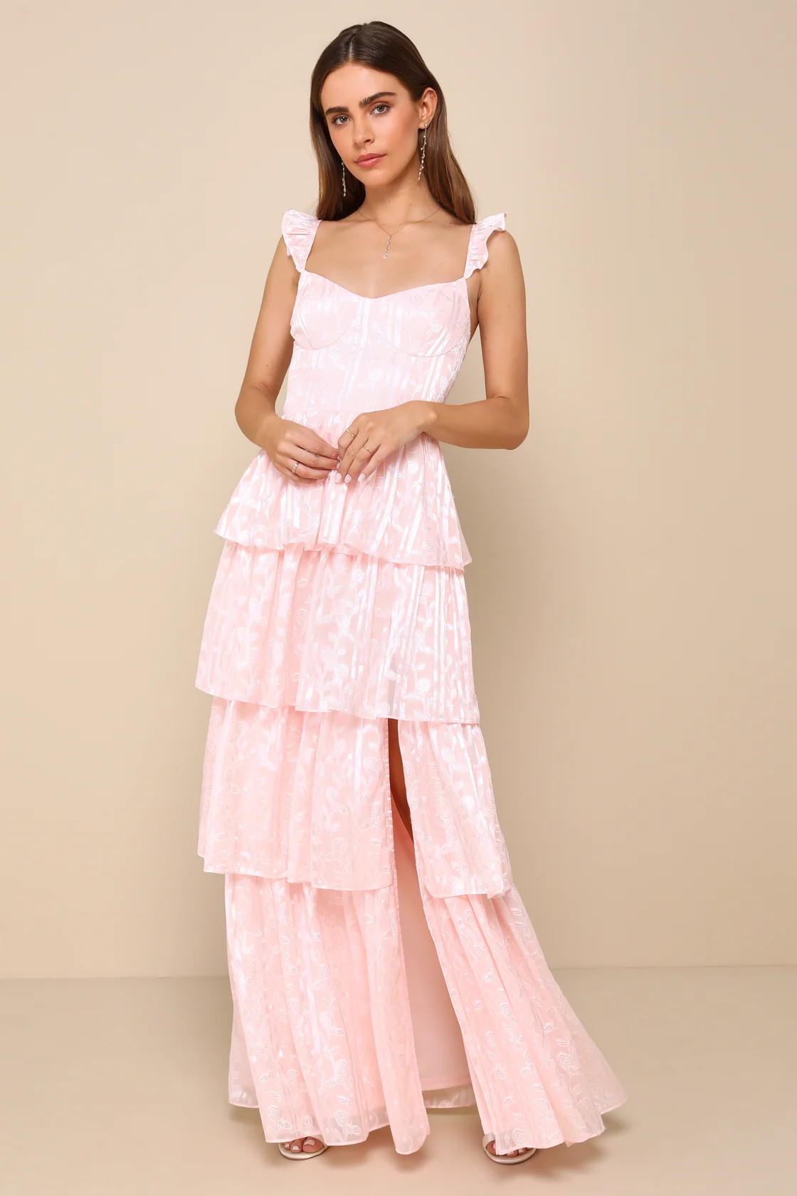 Stunning Glory Light Pink Floral Jacquard Tiered Maxi Dress | Lulus