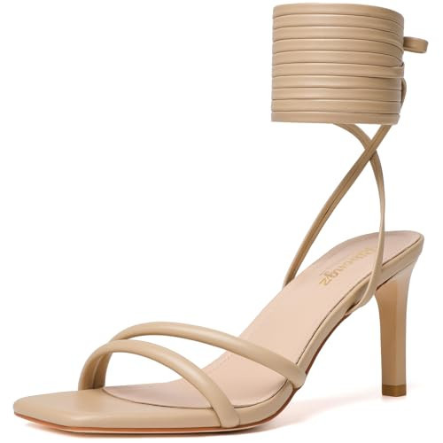 RIBONGZ Nude Strappy Heels for Women Lace Up Kitten Heeled Sandals Tie Up Square Open Toe Stiletto High Heel Wrap Around Ankle Strap Heels Sexy Wedding Prom Comfortable Dressy Shoes 11 | Amazon (US)