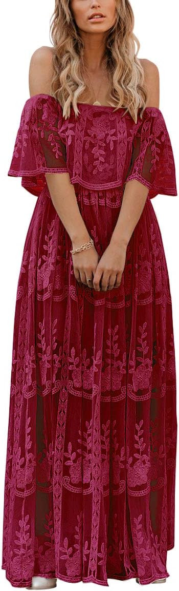 MERMAID'S CLOSET Womens Casual Off Shoulder Maxi Dress White Lace Sleeve Beach Dresses | Amazon (US)